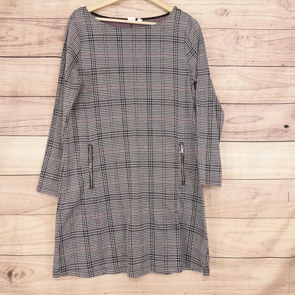 Gap Dress Womens L Gray Plaid Shift Long Sleeve Knit Zip Pockets Workwear